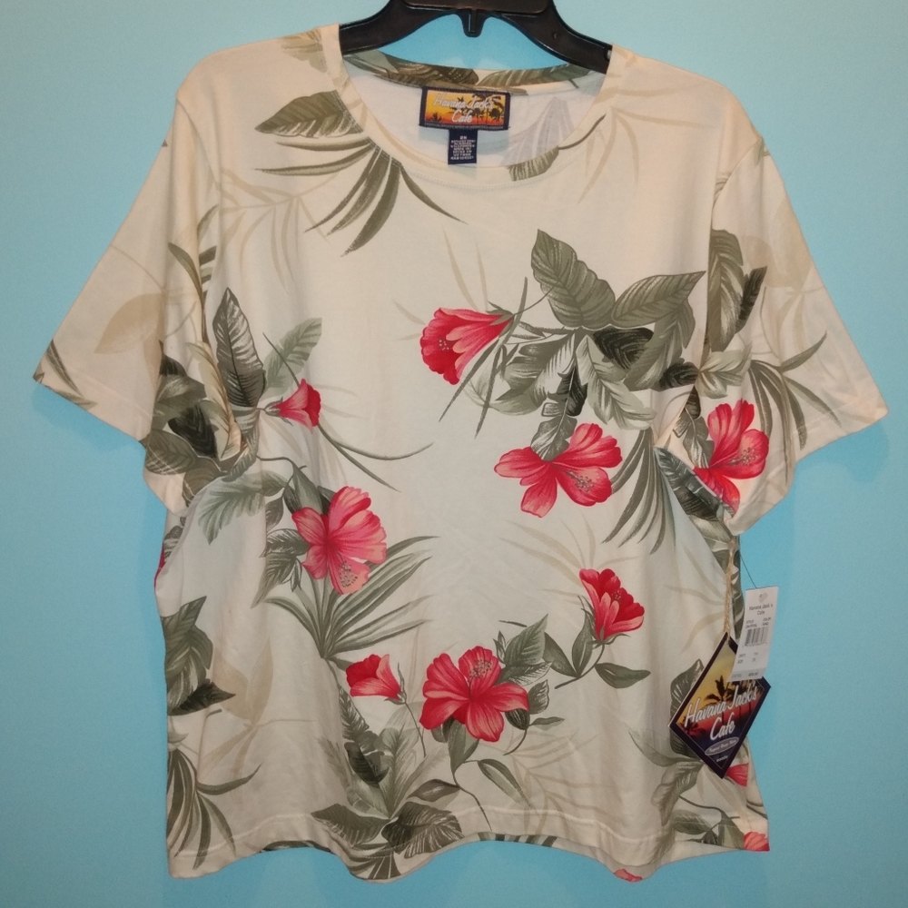 Havana Jacks Cafe Multicolor Tropical Print Short Sleeve Tshirt NWT 2X6